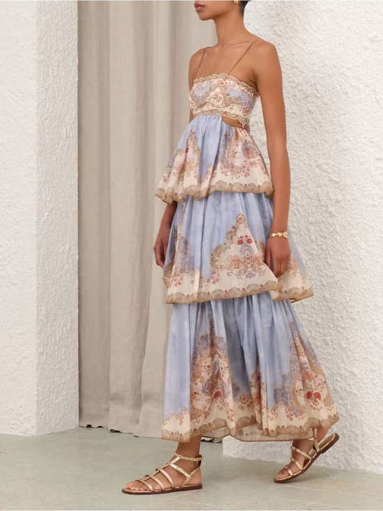 Zimmermann Dresses & Skirts - Zimmermann Blue and Cream Tiered Spaghetti-Strap Maxi Dress
